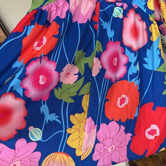 NWOT Colorful Floral Mini Dress Puff Sleeves Bow Tie Neckline Multicolored Mod - Picture 7 of 13